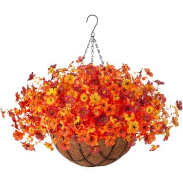 Imagem de Flores artificiais de outono para mães falsas com cestos pendurados ao ar livre para decoração de mães falsas para plantadores ao ar livre, margarida com folhas de eucalipto para varanda, casa, pátio