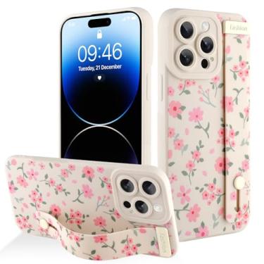 Imagem de AIGOMARA Capa para iPhone 14 Pro Max com alça para mulheres e meninas, linda estampa floral rosa, capa protetora de silicone com suporte de faixa macia, branca