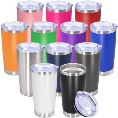 Imagem de Copo de 590 ml de aço inoxidável a granel com tampa, caneca de viagem de parede dupla isolada a vácuo, durável, revestida em pó, caneca para bebidas quentes e frias, mistura, pacote com 12