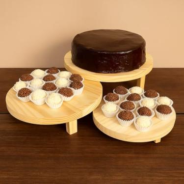 Imagem de Kit Boleira Trio Bandejas Redondas Doce Bolo Decoração de Festa Madeira Rústica Suporte Expositor Frios Buffet (Natural)
