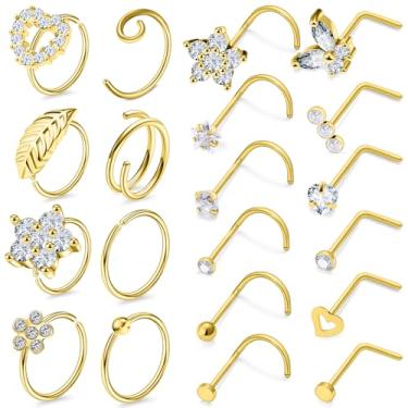 Imagem de Lsnevsie Anéis de nariz de 20 g para mulheres de aço inoxidável 316L em forma de L saca-rolhas diamante zircônia cúbica piercing de narina joias para mulheres homens prata ouro hipoalergênico, Metal