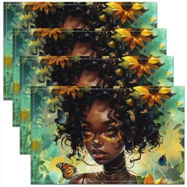 Imagem de jejeloiu Jogo americano para meninas negras, conjunto de 45,7 x 30,5 cm, tapetes de mesa com borboleta voadora do sol para meninos, meninas, adolescentes, flores amarelas para cozinha, mesa de jantar