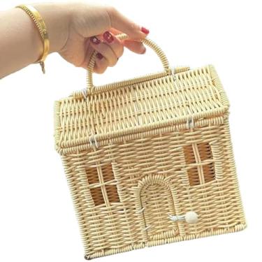 Imagem de Cesta de piquenique com tampa, cesta de colheita de jardim, 20 x 12 x 25 cm, piquenique de vime em forma de casa com tampa e alça, mala de vime com fecho de botão para organização, armazenamento para