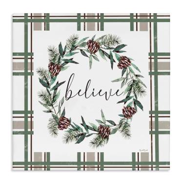 Imagem de Stupell Industries Believe Wreath on Green Plaid Canvas Wall Art Design por Elizabeth Tyndall, 43 x 43 cm