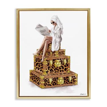 Imagem de Stupell Industries Reading Atop Suitcases Tela flutuante emoldurada dourada design de arte de parede por Ziwei Li, 21 x 17