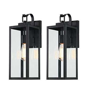 Imagem de Pia Ricco Luzes de parede externas de tamanho grande, pacote com 2, luminária externa preta fosca de 45 cm com sombra de vidro transparente, iluminação de varanda frontal à prova d'água, lanterna de