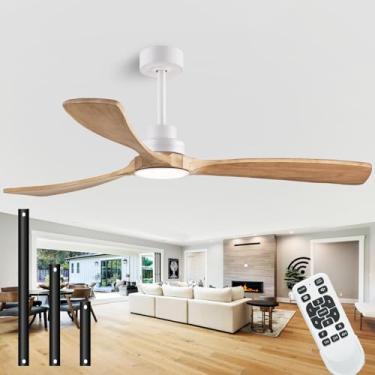 Imagem de dearnow Ventiladores de teto de 152 cm com luz com controle remoto, ventilador de teto de madeira interno e externo com 3 lâminas de madeira para sala de estar, corredor, escritório, fazenda, etc