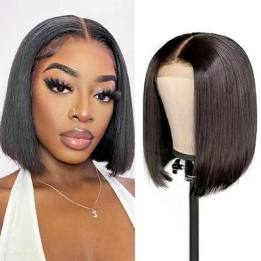 Imagem de Peruca Bob Curta, Cabelo Humano, Liso Bob Lace Frontal Perucas de Cabelo Humano para Mulheres Densidade 180 Sem Cola Cabelo Humano Virgem Brasileiro Bob Peruca 13x4 HD Transparente Lace Frontal Bob