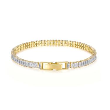 Imagem de MINDDHA Pulseira de tênis de zircônia cúbica banhada a ouro 14K / ouro branco | Pulseira de prata e ouro para mulheres | Retângulo, quadrado, pedra redonda | Largura 2,5-4 mm | Tamanho 15 a 20 cm, 5.5