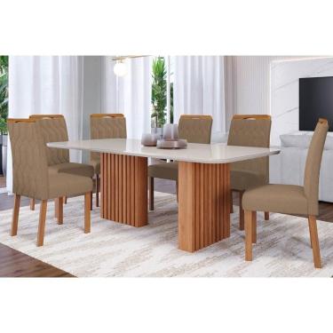 Imagem de Conjunto: Mesa Sala Jantar Ester c/ Tampo Madeirado c/ Vidro 180x90cm e 6 Cadeiras Paola Nature/Suede Joli Chocolate - Cimol