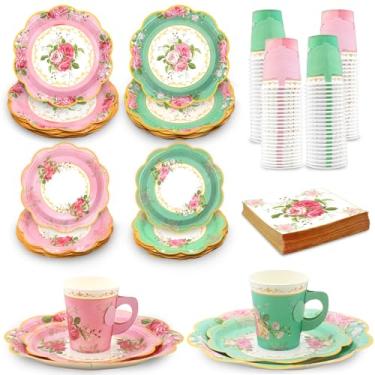 Imagem de EggSun 200 peças de xícaras de chá florais e pires para suprimentos de festa de chá, xícaras de chá descartáveis com alça e guardanapos de papel para jantar com tema floral, aniversário, casamento