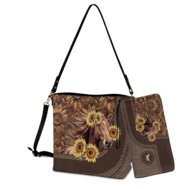 Imagem de Nittanovaca Conjunto de bolsa transversal tipo bucket com carteira para mulheres, bolsa transversal de couro, bolsa Hobo, bolsa de mão combinando, Cavalo marrom e girassol, One Size