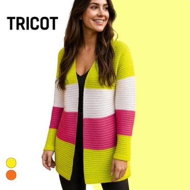 Imagem de Suéter Casaco De Tricot Feminino Listrado Tricolor Moda Estilo Casual 