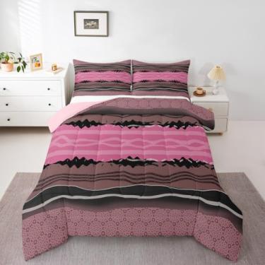Imagem de Feelyou Conjunto de cama listrado abstrato, macio, para meninos e meninas, rosa e listras abstratas, tamanho casal, edredom geométrico, microfibra, decoração de quarto, 3 peças com 2 fronhas