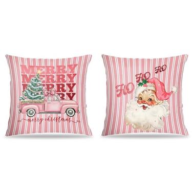 Imagem de FITIE Conjunto de 2 capas de travesseiro rosa com árvore de Natal, caminhão, Papai Noel, 45,7 x 45,7 cm, decoração de Natal rosa, captador preparatório, Feliz Natal, Natal, férias de inverno, para