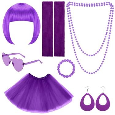Imagem de ZhouBoat Conjunto de 7 peças de perucas femininas de festa com peruca bob curta, saia tutu e mangas para pernas, joias para despedida de solteira, Halloween, cosplay (roxo)