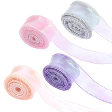 Imagem de 4 rolos de fita de organza iridescente transparente, fita de organza de 4 cores, fitas decorativas transparentes para artesanato de Páscoa, 10 metros, fitas de chiffon com fio para flores, buquês
