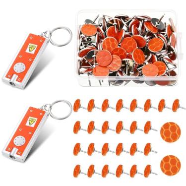 Imagem de Fullhawl Pacote com 100 tachinhas refletivas para trilha com 2 chaveiros de LED, marcadores de trilha, pregos para caça, caminhada, acampamento, árvore (laranja)