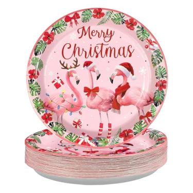 Imagem de 50 peças de pratos de papel de flamingo de Natal, 25 cm, pratos de sobremesa de flamingo tropicais havaianos descartáveis para inverno, Natal, Ano Novo, Havaí, praia, feriado, festa de aniversário