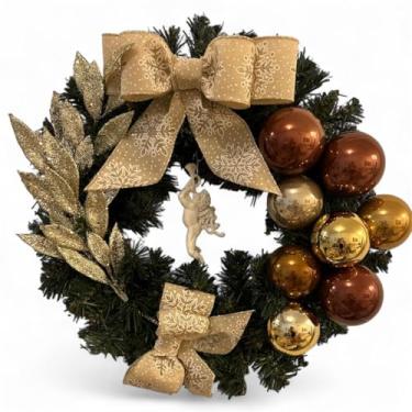 Imagem de Guirlanda Natalina Decorativa, 45 cm, Verde com Bolas Douradas e Marrons, Laço Bege e Dourado