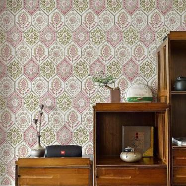 Imagem de ESSMOKO Papel de parede colorido planta flor hidrosol papel de parede sala de estar quarto escritório decoração de fundo adesivo de parede forma diamante lótus 45 * 600 cm