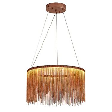 Imagem de Luminária pendente LED redonda com borla, lustre moderno de tambor de corrente, luminária de teto decorativa de luxo para sala de estar, hotel, quarto, sala de jantar, ouro rosa + branco fri