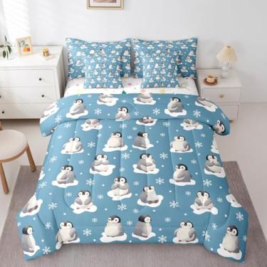 Imagem de Erosebridal Jogo de cama casal Kawaii pinguim, desenho animado de inverno, lençol macio com estampa de animal fofo (edredom + lençol de cima + 2 fronhas + 2 fronhas + 2 fronhas), conjunto de cama com