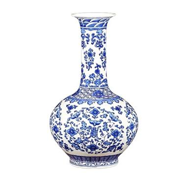 Imagem de AKALNNB Vaso de cerâmica chinês retrô pintado à mão azul e branco vaso de porcelana grande para decoração de mesa de 33,4 cm com base para decoração de casa