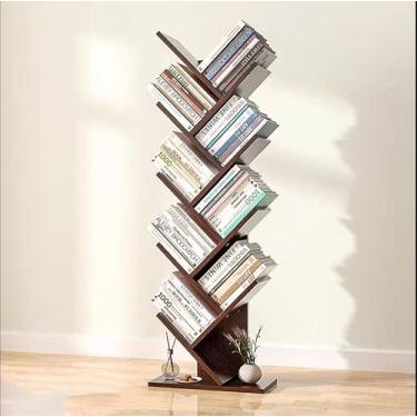 Imagem de PEYNIR Estante retrô de madeira com 8 compartimentos para quarto, sala de estar, escritório, estante prática para guardar livros de registros, estante boho marrom rústica