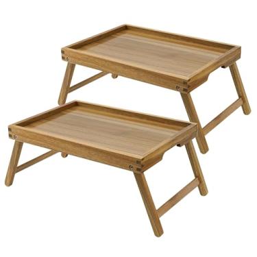 Imagem de VaeFae Bandeja de mesa de cama de acácia, bandeja de café da manhã de madeira com pernas dobráveis, bandeja de cama para comer e laptop, bandejas de comer para quarto, (pacote com 2)