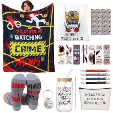 Imagem de LemonRoad 18 peças, cesta de presente de crimes reais, incluindo cobertor, copo de vidro, bolsa de maquiagem cosmética, chaveiro, sacola, novidade, meias, canetas, marcadores, cartão de felicitações