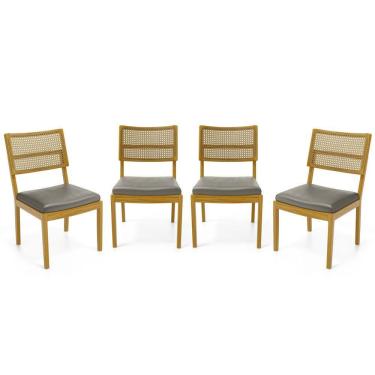 Imagem de Kit Com 4 Cadeiras Milena Madeira Maciça Assentos Estofados Encostos De Tela Palha Sextavada