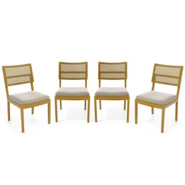 Imagem de Kit Com 4 Cadeiras Milena Madeira Maciça Assentos Estofados Encostos De Tela Palha Sextavada