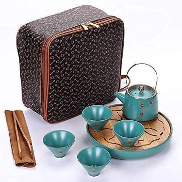 Imagem de Conjunto de chá de chaleira de cerâmica um conjunto de chá de quatro xícaras de viagem Ding Kiln conjunto de chá de cerâmica conveniente esmalte fosco bandeja de chá 200 ml seis conjuntos (Rr)