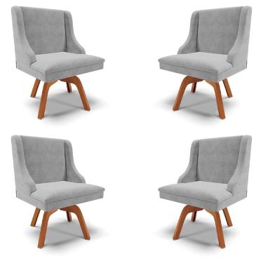Imagem de Kit 4 Cadeiras Decorativas Sala de Jantar Base Giratória de Madeira Firenze Suede Cinza/Natural G19 - Gran Belo