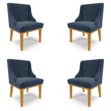 Imagem de Kit 4 Cadeiras Decorativas Sala de Jantar Base Fixa de Madeira Firenze Suede Azul Marinho/Castanho G19 - Gran Belo