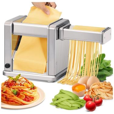 Imagem de Máquina de Macarrão Elétrica em Aço Inoxidável com Cortador de Rolos Ajustável 7 Espessuras 2 Larguras para Spaghetti, Fettuccini