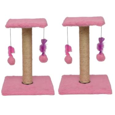 Imagem de Arranhador Para Gatos Pet Poste Sisal Brinquedo Com Bolinha Pena Duas Bases(Kit 2x Rosa)
