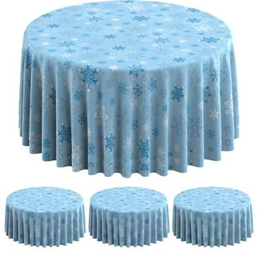Imagem de 3 peças de toalha de mesa de plástico de floco de neve de Natal, decoração de mesa redonda de Natal descartável azul claro floco de neve para inverno, suprimentos de festa de Natal, 213 cm (azul claro