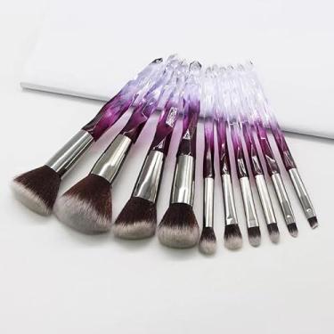 Imagem de Conjunto de pincéis de maquiagem com cabo de diamante transparente de 10 peças – base de vidro de cristal e pincéis para os olhos, cerdas macias, ferramentas de beleza multifuncionais (roxo)