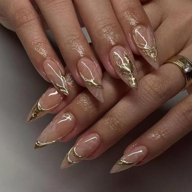 Imagem de Unhas falsas francesas de amêndoa média com design de ouro 3D, cobertura completa, cola em bastão falso artificial, unhas de acrílico para mulheres, casamento, 24 peças