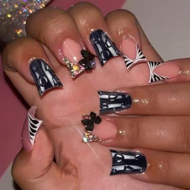 Imagem de Unhas postiças de pato médio francês preto branco com design de laço 3D strass cobertura completa cola em bastão falso artificial em unhas de acrílico para mulheres uso diário, 24 peças