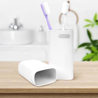 Imagem de Copo branco portátil para escova de dentes de viagem com capa, estojo pequeno para escova de dentes de viagem com orifício de ventilação