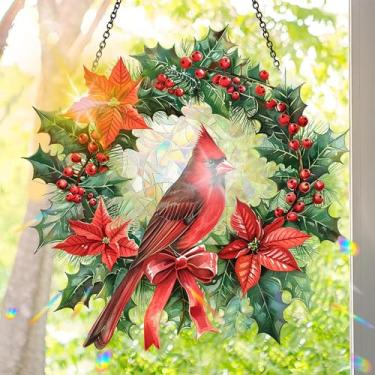 Imagem de Acrílico colorido Suncatcher, decoração de Natal com estilo vitral impresso, decoração de arte de parede Rainbow Maker, enfeites de Natal para janelas internas e externas com corrente 19,8 x 19,8 cm