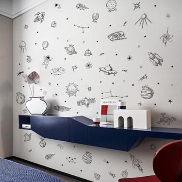 Imagem de 4 folhas universo espaço astronauta adesivos de parede foguetes estrelas planetas decoração diy adesivos de parede vinil decoração de parede para quarto sala de jogos, berçário, decoração de casa