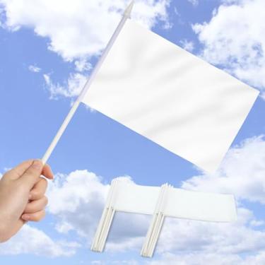 Imagem de Mini bandeira branca pacote com 12 - bandeiras brancas lisas em miniatura pequenas de mão - Cores vivas e resistentes ao desbotamento - 12 x 20 cm com mastro sólido e topo de lança