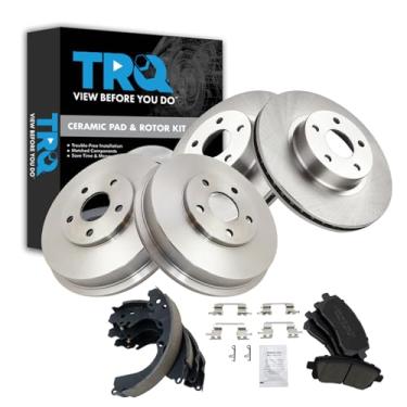 Imagem de TRQ Pastilha de freio dianteiro e traseiro e rotor, kit de sapata e tambor de cerâmica compatível com Subaru Forester 1998-2002 Legacy 1996-1999