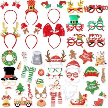 Imagem de Qenk 45 peças de adereços de cabine de fotos de Natal com faixas de cabeça, molduras de óculos para mulheres e adultos, suprimentos de festa de Natal, acessórios de decoração de fotografia DIY (estilo