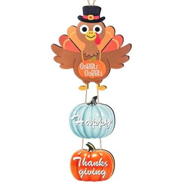 Imagem de Decoração para pendurar na porta do Dia de Ação de Graças, decoração de cabide de parede de outono de madeira, guirlanda de abóbora de peru, placas de porta da frente para decoração de parede de