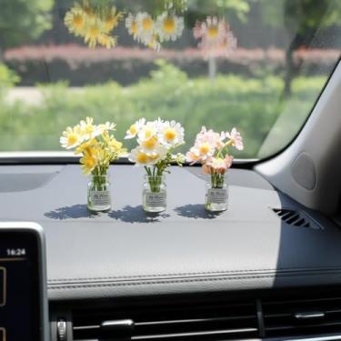 Imagem de HarMomentum Acessórios de carro fofos para interior feminino - Decorações de painel de carro - Acessórios para carro margarida - 3 peças, margarida artificial, mini vaso de vidro